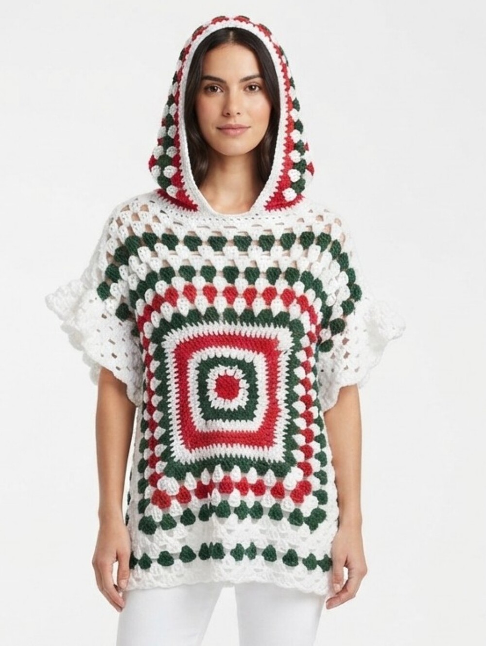 Hand Crafted knit Crochet Christmas Granny Square Hooded Sweater Wearable Art